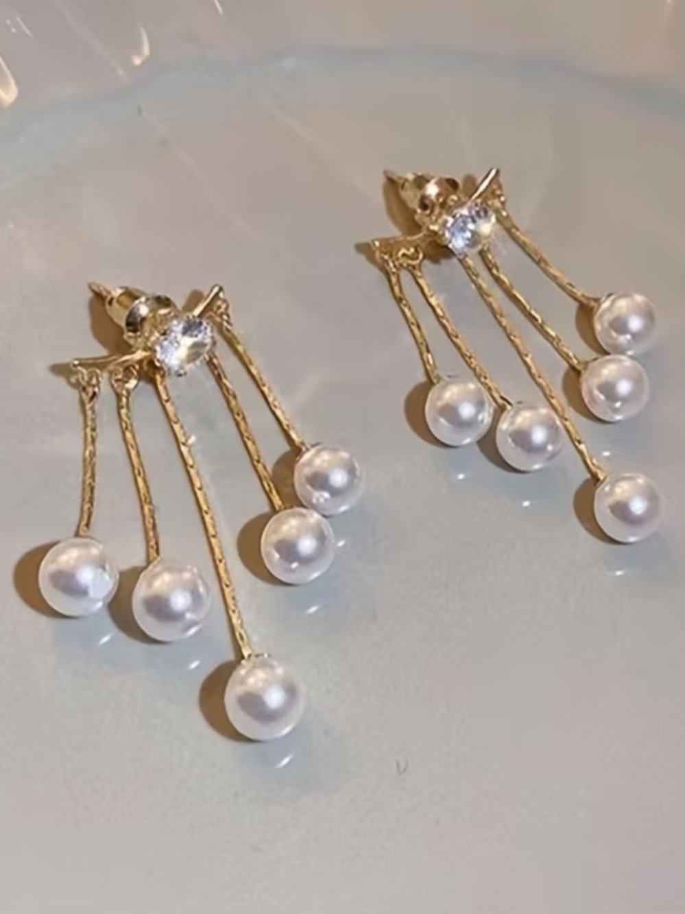 Gold Pearl Drop Chandelier Earrings with Crystal Stud